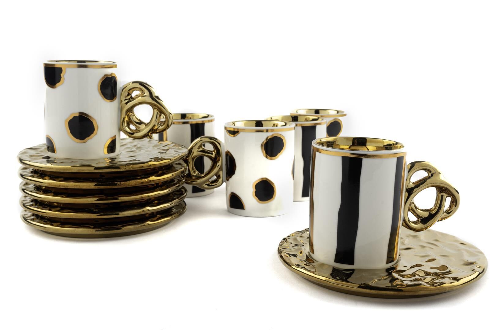 Lalin Siyah Beyaz Gold 2li Asorti 6lı Kahve Fincanı Seti 90cc