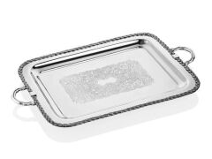 Halatlı Kulplu Dikdörtgen Tepsi Büyük 51.5x39x4.5 Cm Full Nickel