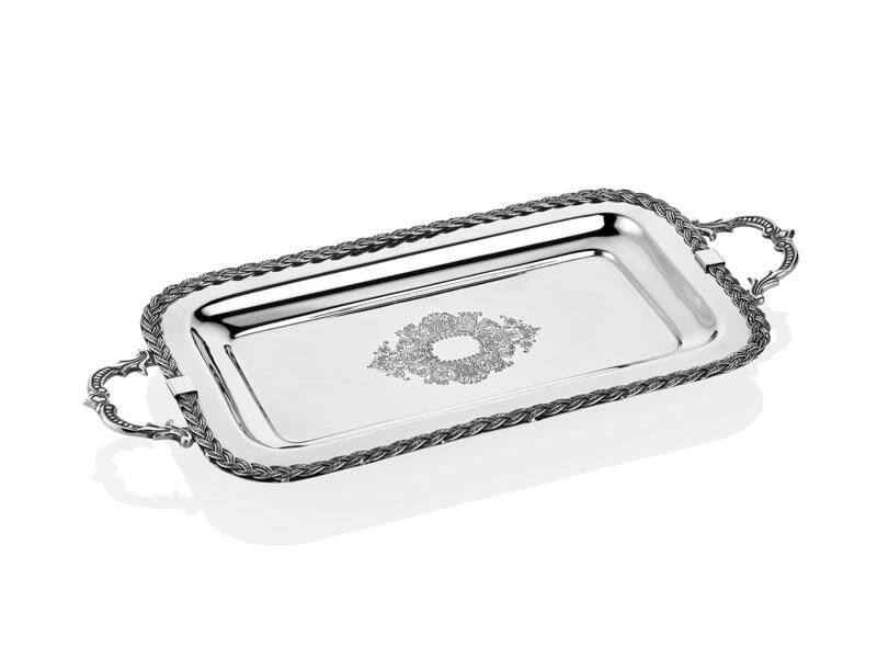 Halatli Kulplu Dikdörtgen Tepsi Küçük 46.5x21.5x5.5 Cm Full Nickel