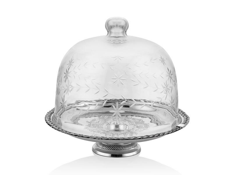 Halatlı Büyük Boy Cam Kapaklı Kek Standi 30,5x30,5x32 Cm Full Nickel