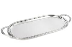 Gümüş Oval Kulplu Metal Tepsi 58x26cm