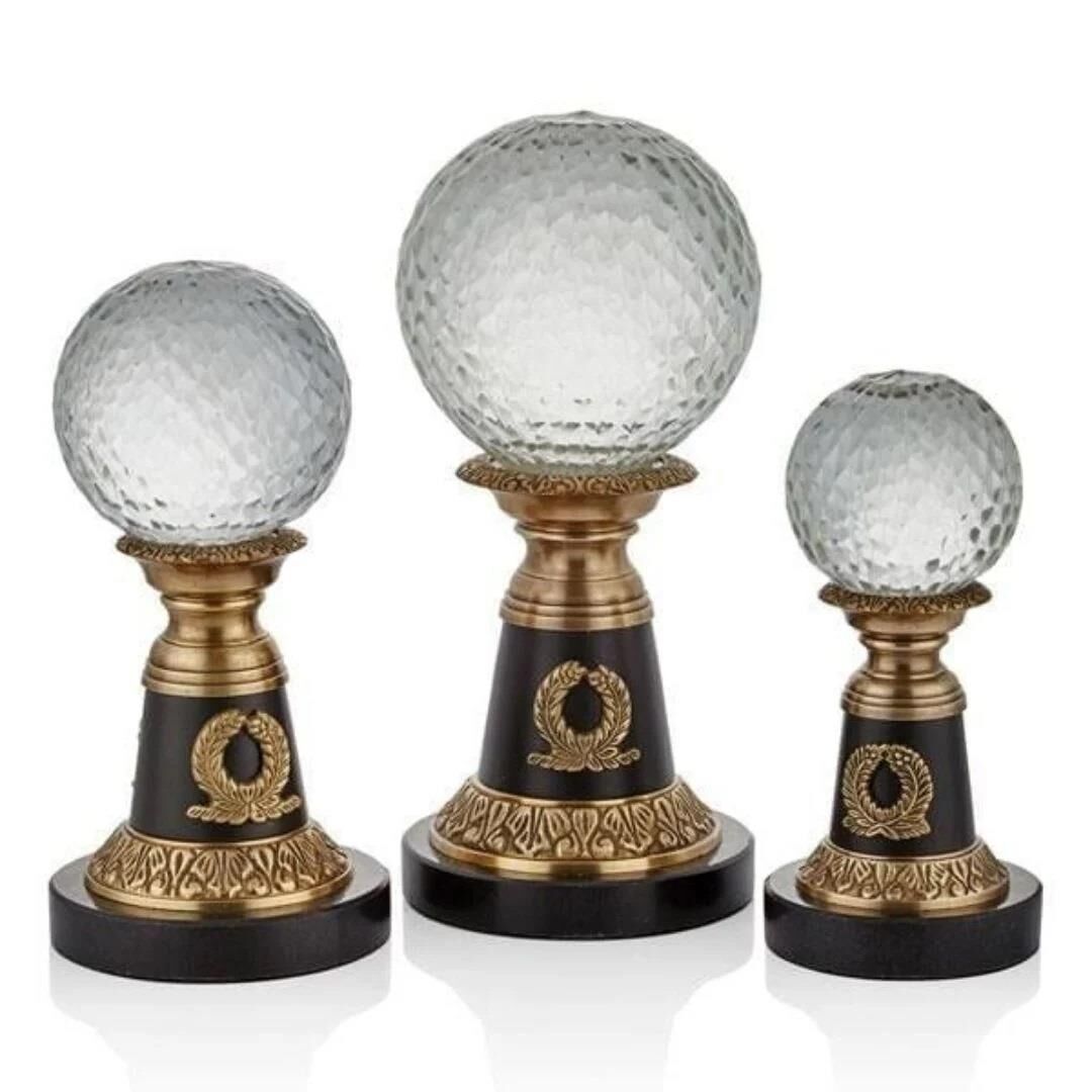 Çelenk Standlı 3 Cam Küre Seti Antique Pirinç 26,5 Cm
