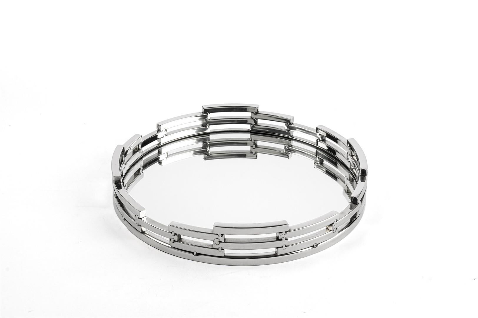 Gümüş Metal Yuvarlak Aynalı Tepsi 33x5cm