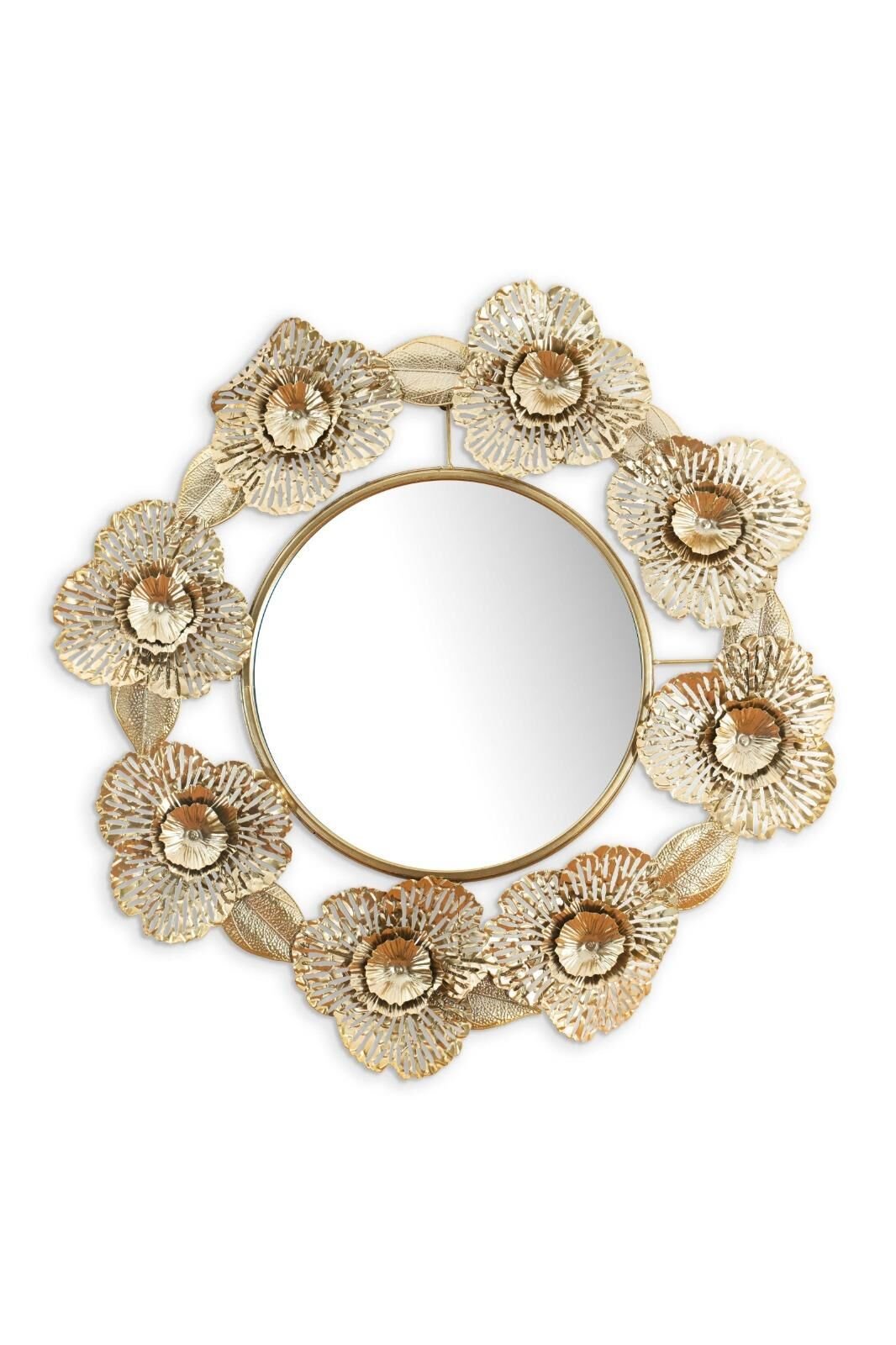 Gold Çiçekli Aynalı Yuvarlak Metal Duvar Panosu 90 cm