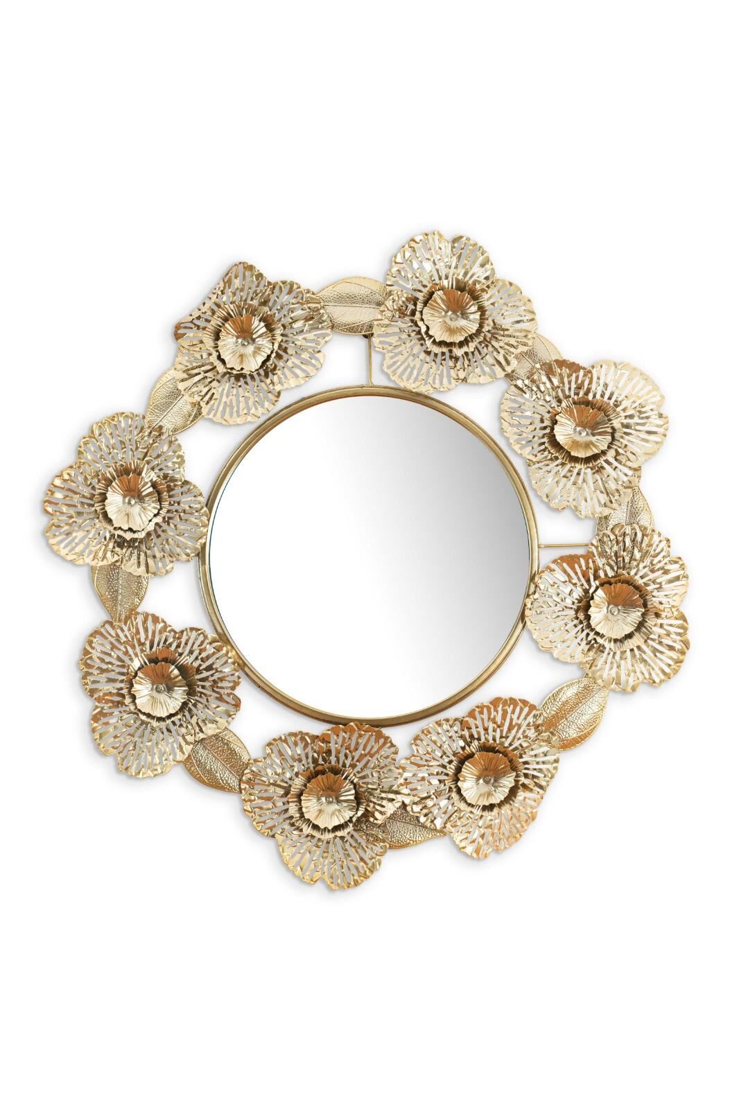Gold Çiçekli Aynalı Yuvarlak Metal Duvar Panosu 90 cm