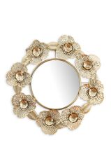 Gold Çiçekli Aynalı Yuvarlak Metal Duvar Panosu 90 cm