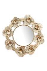 Gold Çiçekli Aynalı Yuvarlak Metal Duvar Panosu 90 cm
