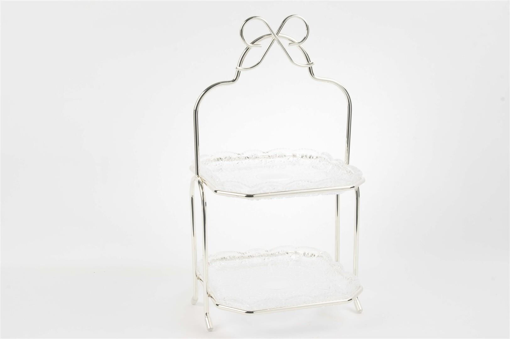 Silver Fiyonk Kulplu Cam 2Katlı Servislik 36x17cm