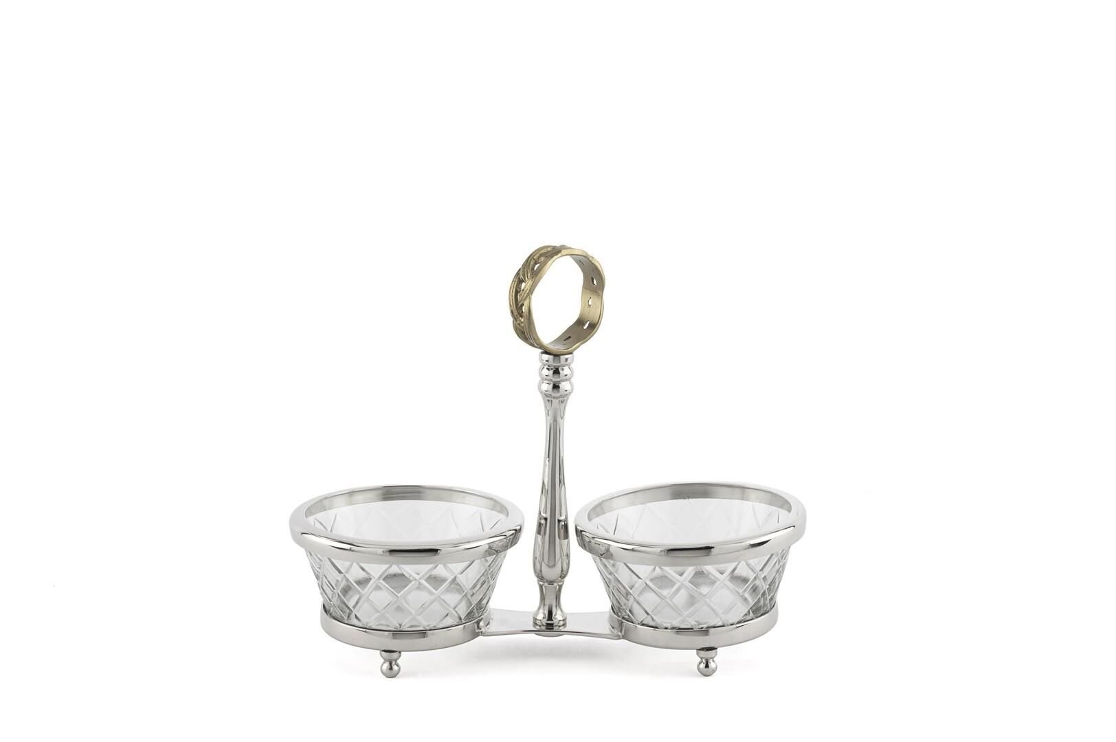 Gümüş Metalli 2 Bölmeli Cam Çerezlik 22x10x18cm