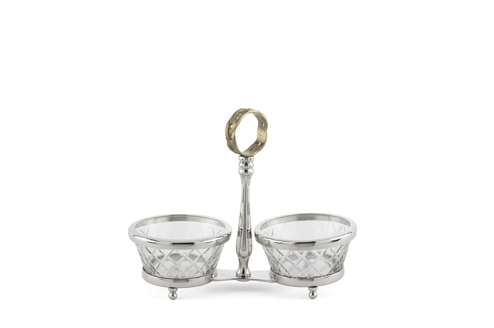 Gümüş Metalli 2 Bölmeli Cam Çerezlik 22x10x18cm