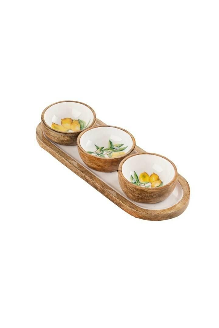 Limonlu Ahşap 3 Kaseli Oval Çerezlik