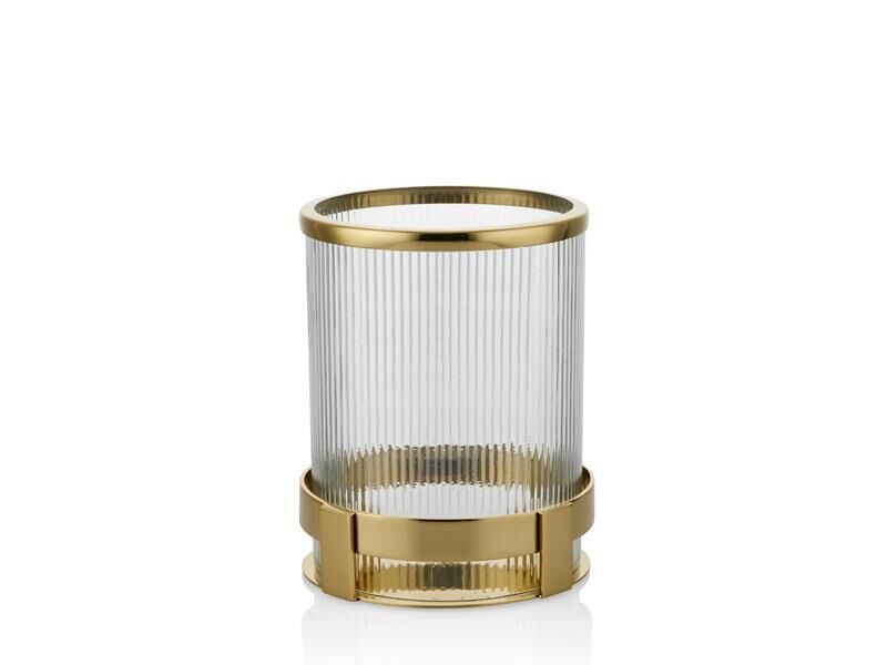 Trino Çizgili Camlı Küçük Boy Mumluk Gold 16.5x16.5x21 Cm
