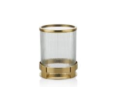 Trino Çizgili Camlı Küçük Boy Mumluk Gold 16.5x16.5x21 Cm