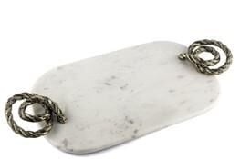 Bronz Halat Kulplu Beyaz Mermer Oval Tepsi 58x28cm