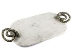 Bronz Halat Kulplu Beyaz Mermer Oval Tepsi 58x28cm