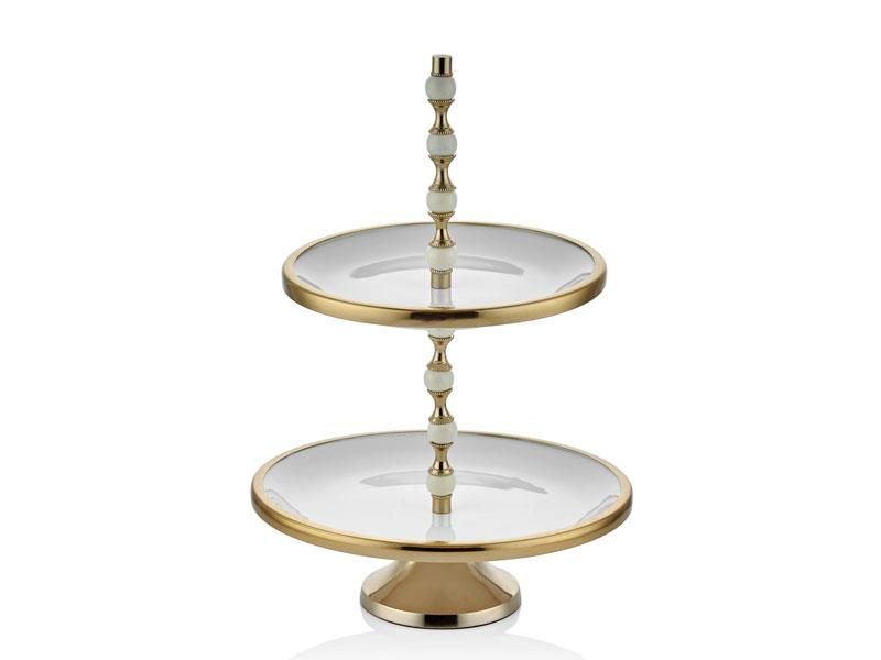 White Balls 2 Katlı Beyaz Gold Kek Standı 28x28x38 Cm