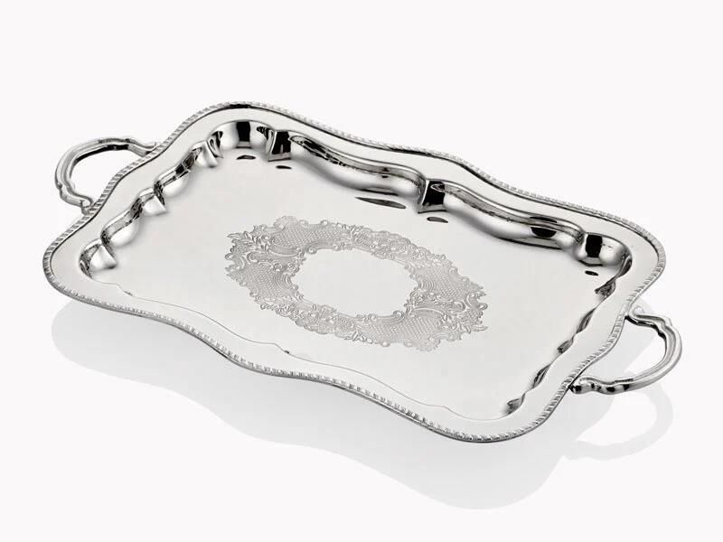 Engrave Border Dikdörtgen Gümüş Tepsi 39x20x2 Cm