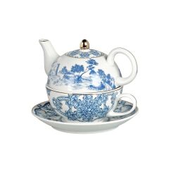 Florance Bone China Porselen Mavi Beyaz Naturel Barok Desenli Tek Kişilik Demlik&Fincan Seti