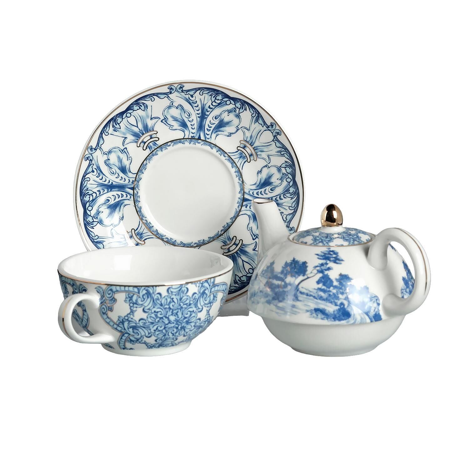 Florance Bone China Porselen Mavi Beyaz Naturel Barok Desenli Tek Kişilik Demlik&Fincan Seti