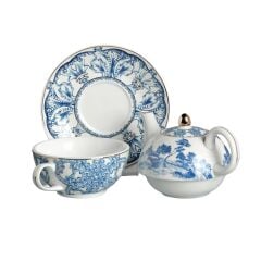 Florance Bone China Porselen Mavi Beyaz Naturel Barok Desenli Tek Kişilik Demlik&Fincan Seti