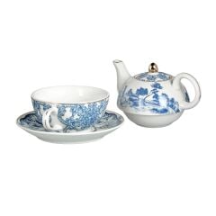 Florance Bone China Porselen Mavi Beyaz Naturel Barok Desenli Tek Kişilik Demlik&Fincan Seti