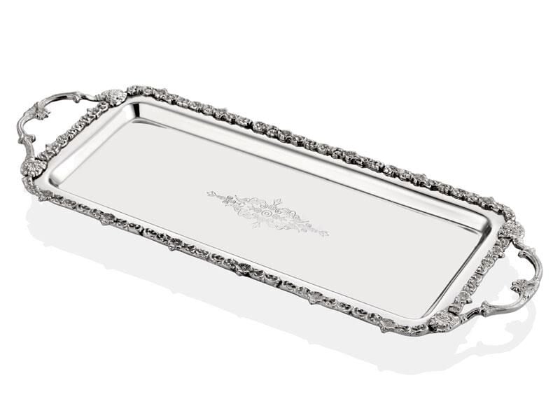 Engrave Border Baton Gümüş Kulplu Tepsi 51x21x3 Cm